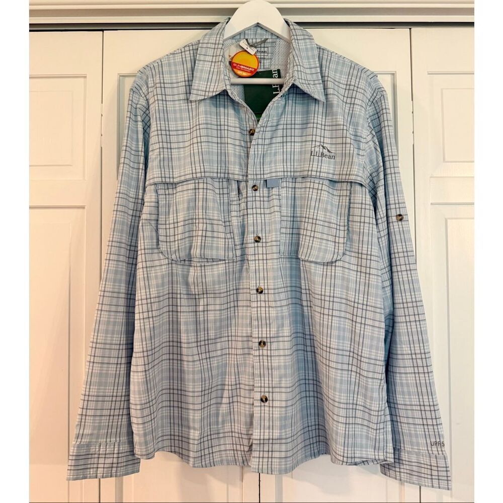 L.L. Bean NWT tropicwear blue plaid button down UPF 50 size large - Picture 3 of 11